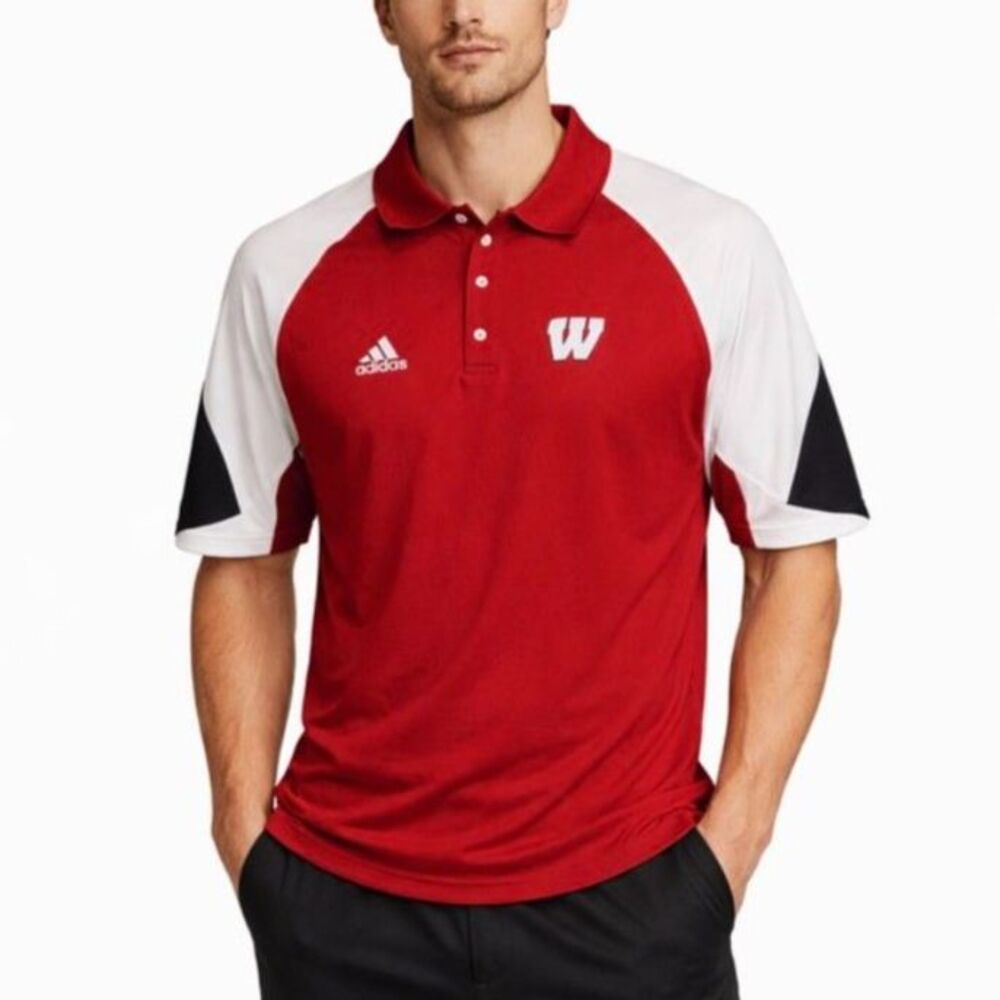Adidas NWOT University of Wisconsin Red Performance SS Colorblock Polo Size L